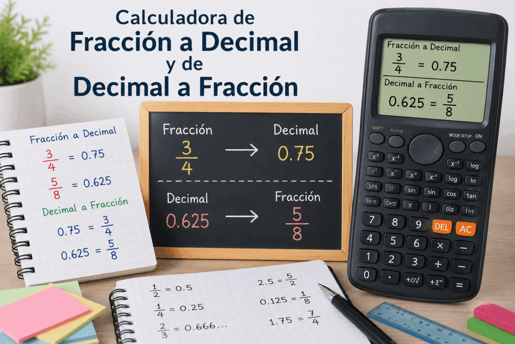 Imagen educativa con calculadora, pizarra y cuadernos mostrando ejemplos de conversión de fracciones a decimales y de decimales a fracciones