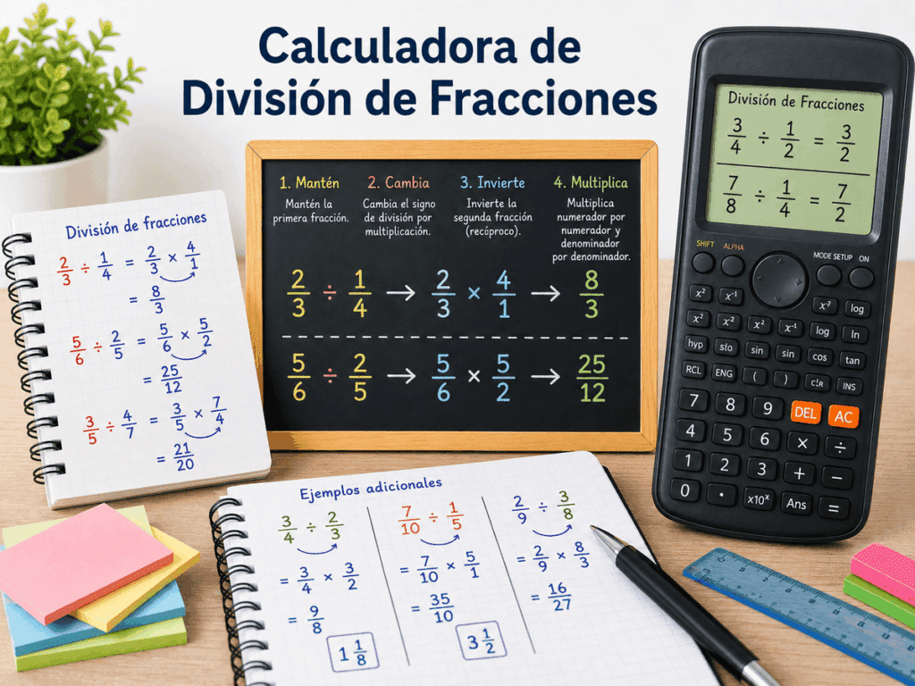 Imagen educativa con calculadora, pizarra y ejemplos escritos que explican cómo dividir fracciones mediante el método de invertir y multiplicar