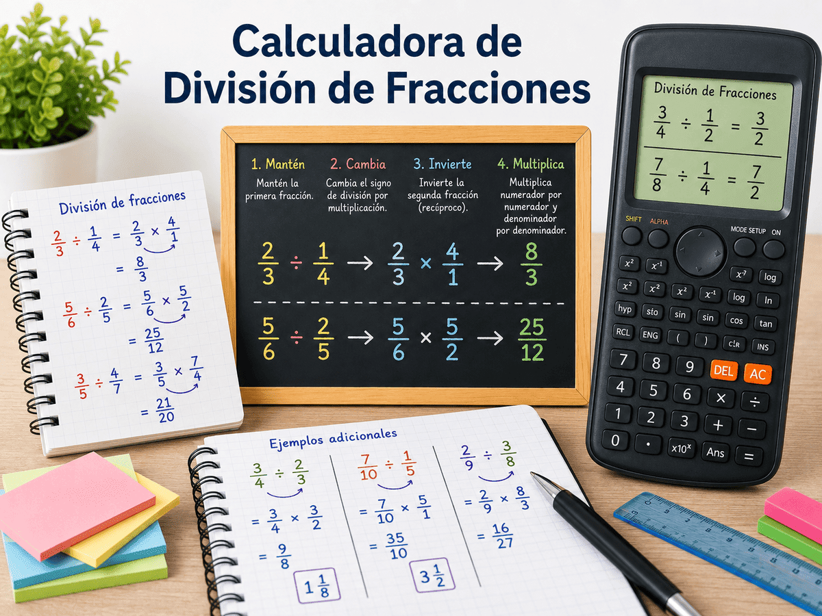 Imagen educativa con calculadora, pizarra y ejemplos escritos que explican cómo dividir fracciones mediante el método de invertir y multiplicar