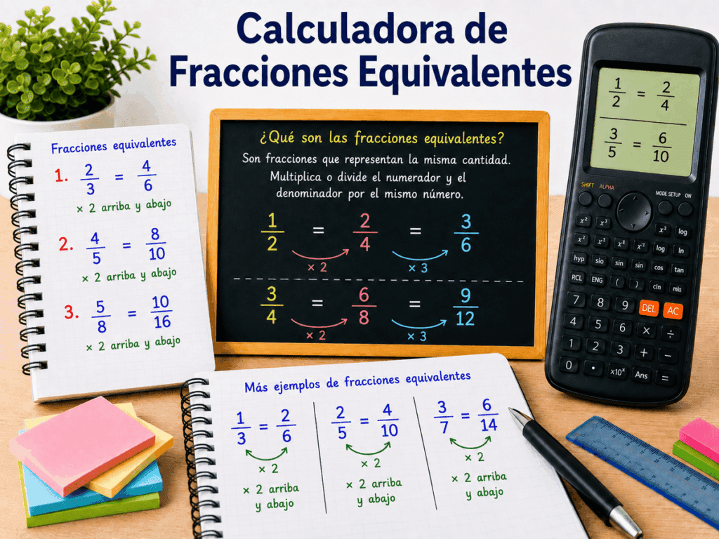 Imagen educativa con calculadora, pizarra y ejercicios que muestran ejemplos de fracciones equivalentes y cómo obtenerlas multiplicando numerador y denominador