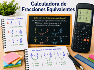 Imagen educativa con calculadora, pizarra y ejercicios que muestran ejemplos de fracciones equivalentes y cómo obtenerlas multiplicando numerador y denominador