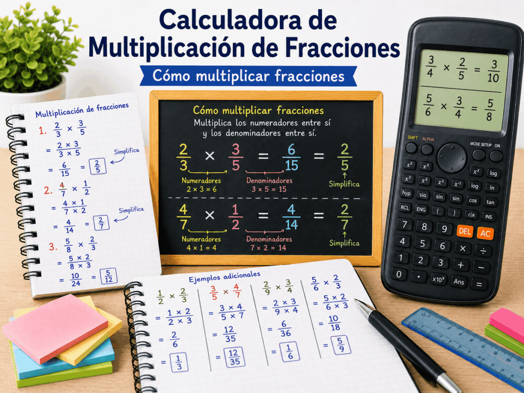 Imagen educativa con calculadora, pizarra y cuadernos mostrando ejemplos de multiplicación de fracciones y simplificación del resultado