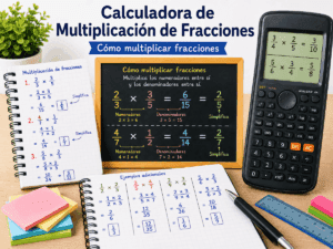 Imagen educativa con calculadora, pizarra y cuadernos mostrando ejemplos de multiplicación de fracciones y simplificación del resultado