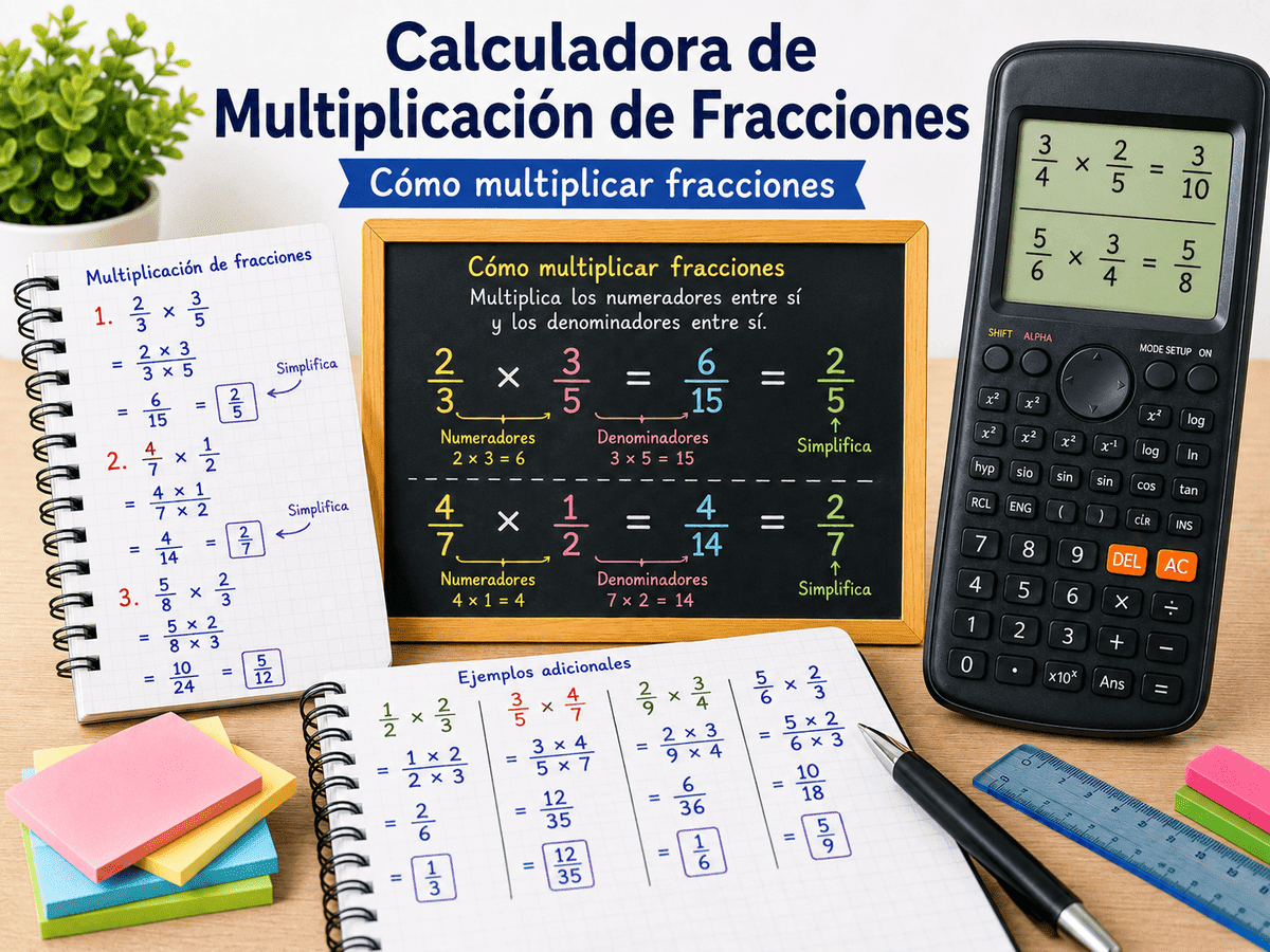 Imagen educativa con calculadora, pizarra y cuadernos mostrando ejemplos de multiplicación de fracciones y simplificación del resultado