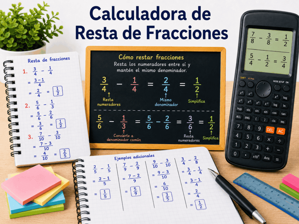 Imagen educativa con calculadora, pizarra y ejercicios que explican cómo restar fracciones con igual y distinto denominador