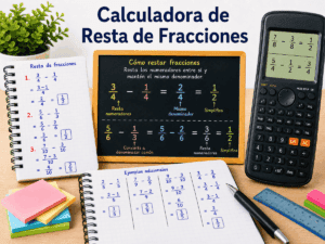 Imagen educativa con calculadora, pizarra y ejercicios que explican cómo restar fracciones con igual y distinto denominador