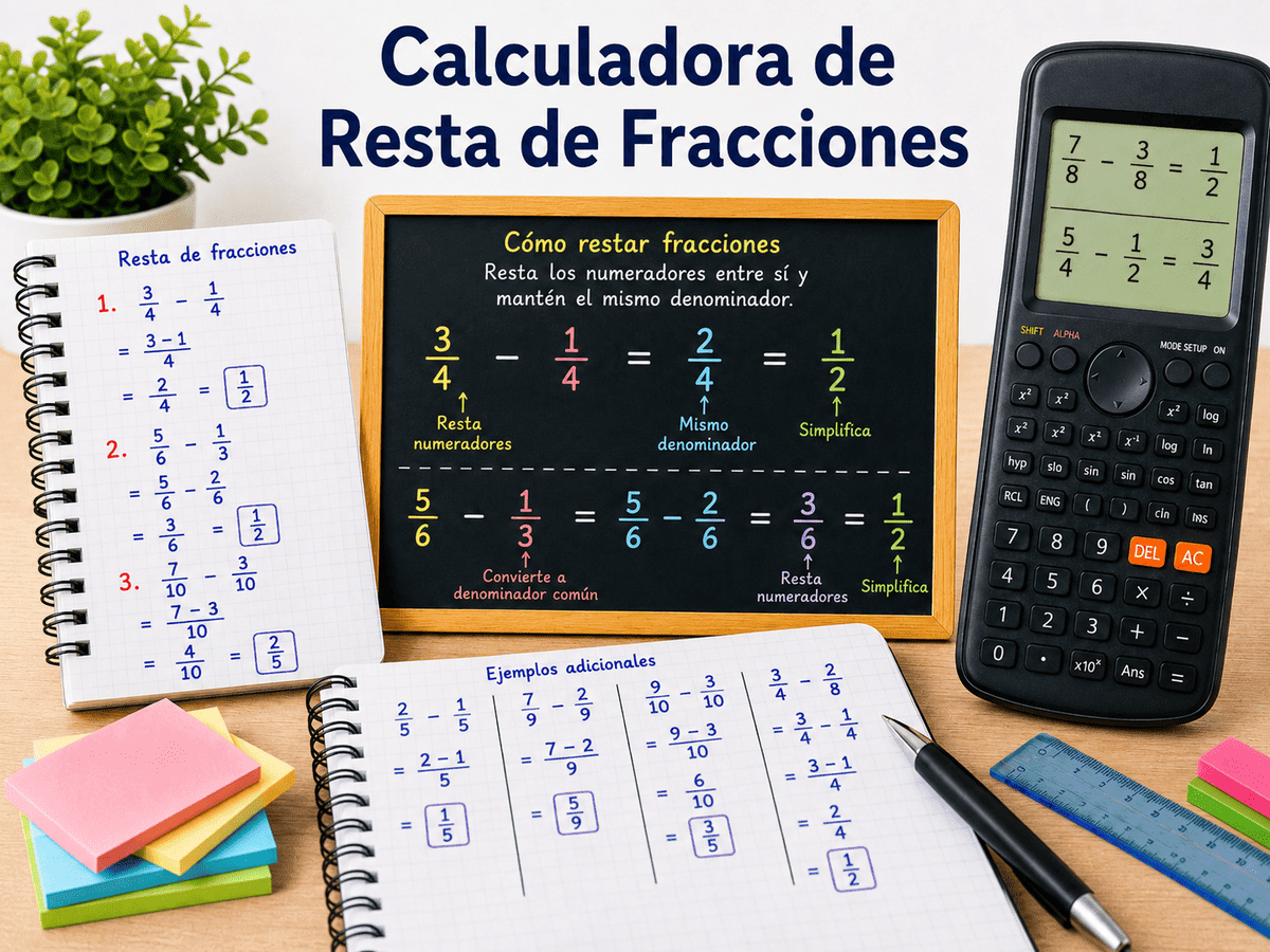 Imagen educativa con calculadora, pizarra y ejercicios que explican cómo restar fracciones con igual y distinto denominador