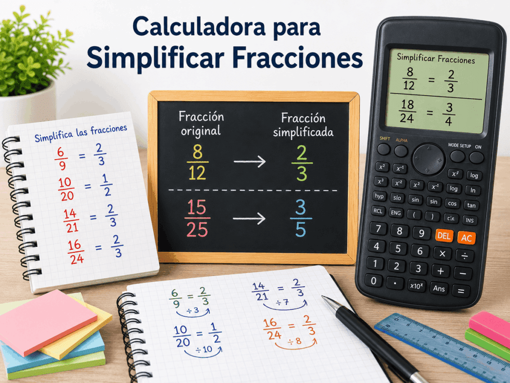 Imagen educativa con calculadora, pizarra y ejercicios en cuaderno que muestran cómo simplificar fracciones paso a paso