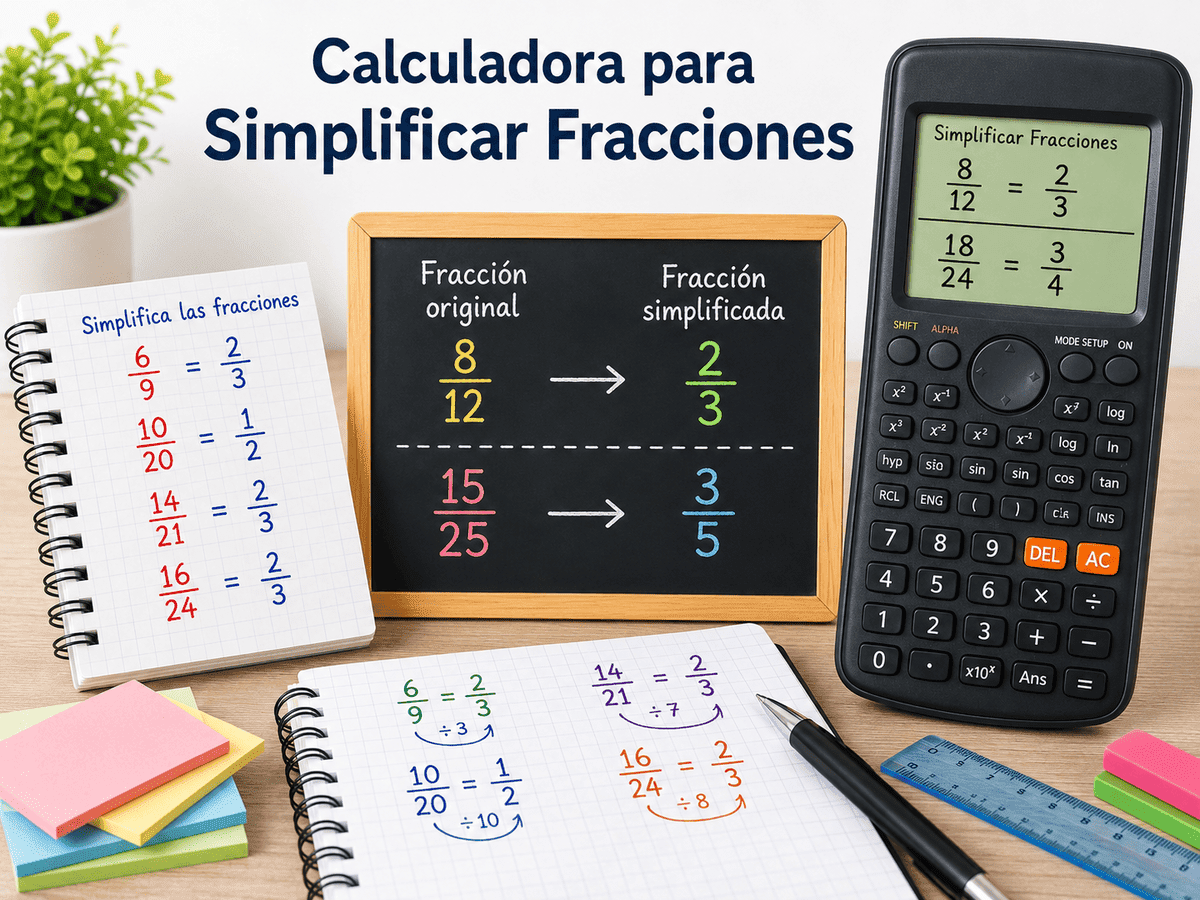 Imagen educativa con calculadora, pizarra y ejercicios en cuaderno que muestran cómo simplificar fracciones paso a paso