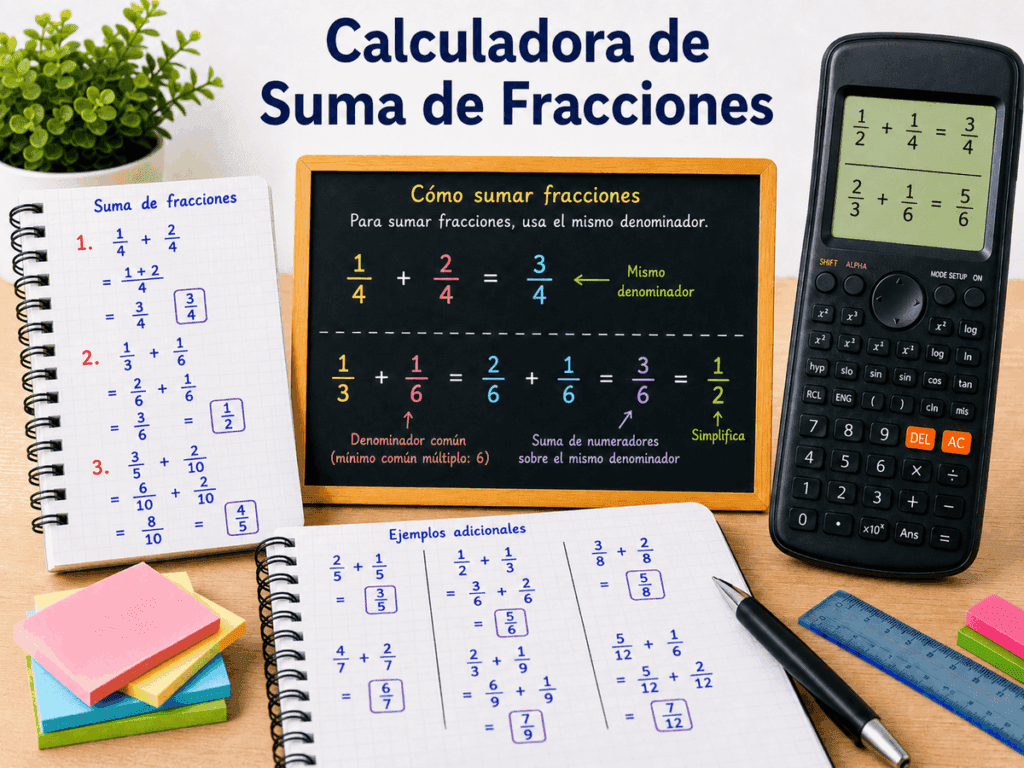 Imagen educativa con calculadora, pizarra y cuadernos mostrando ejemplos de suma de fracciones con denominador común y simplificación
