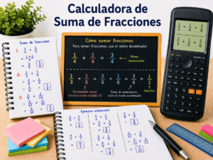 Imagen educativa con calculadora, pizarra y cuadernos mostrando ejemplos de suma de fracciones con denominador común y simplificación