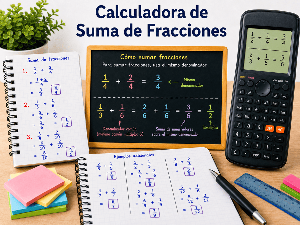 Imagen educativa con calculadora, pizarra y cuadernos mostrando ejemplos de suma de fracciones con denominador común y simplificación