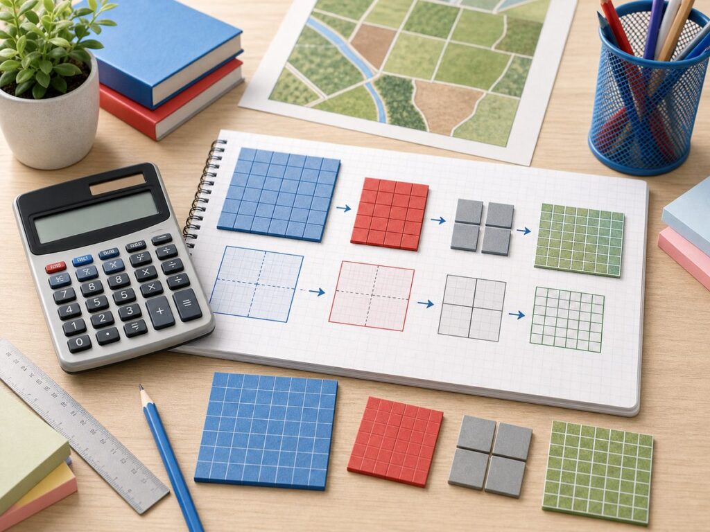 Imagen educativa para calculadora de conversi?n de ?rea con cuadr?culas, superficies, regla y calculadora