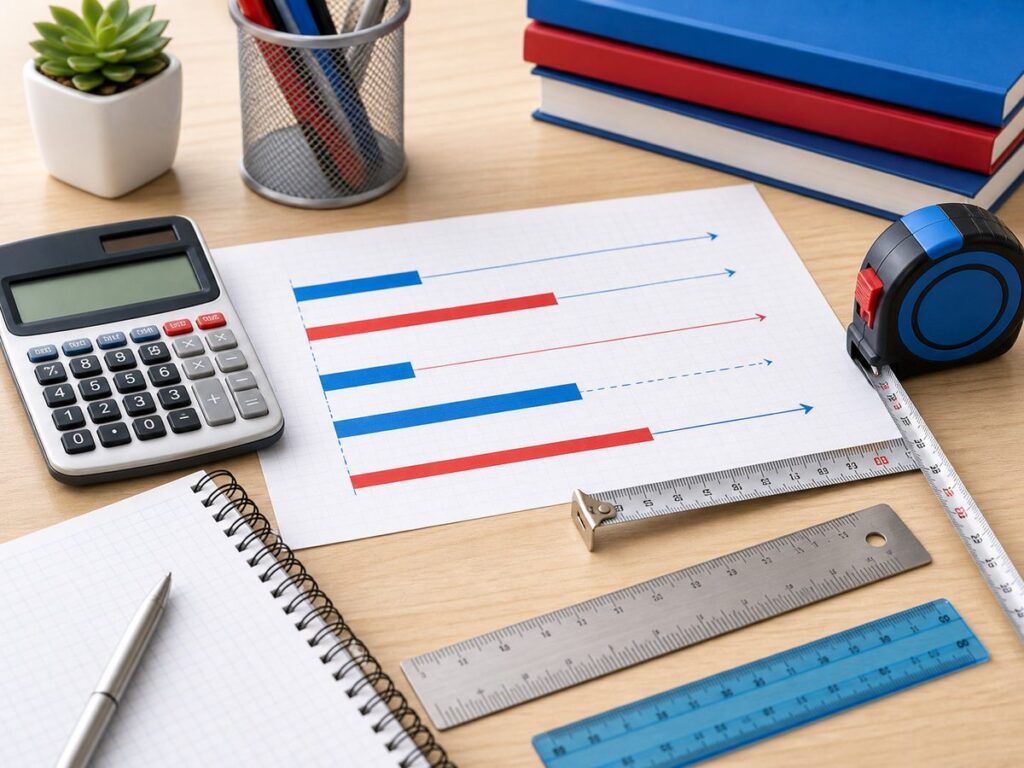 Imagen educativa para calculadora de conversi?n de longitud con reglas, cinta m?trica y calculadora