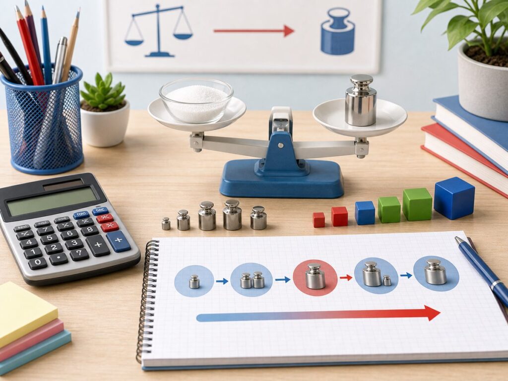 Imagen educativa para calculadora de conversi?n de masa con balanza, pesas y calculadora