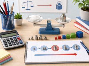 Imagen educativa para calculadora de conversi?n de masa con balanza, pesas y calculadora