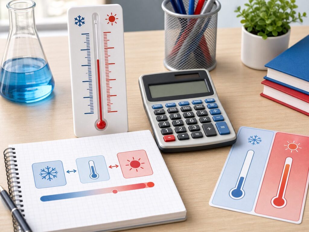 Imagen educativa para calculadora de conversi?n de temperatura con term?metro, indicadores de fr?o y calor y calculadora