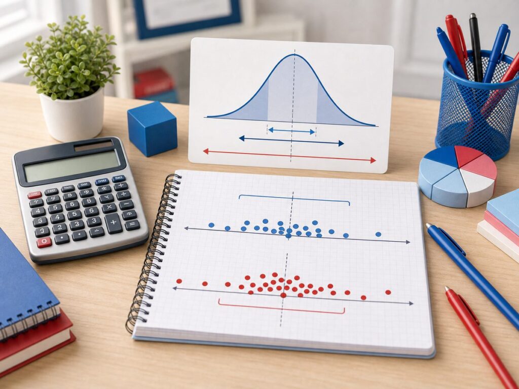 Imagen educativa para calculadora de desviaci?n est?ndar con curva normal, datos dispersos y calculadora