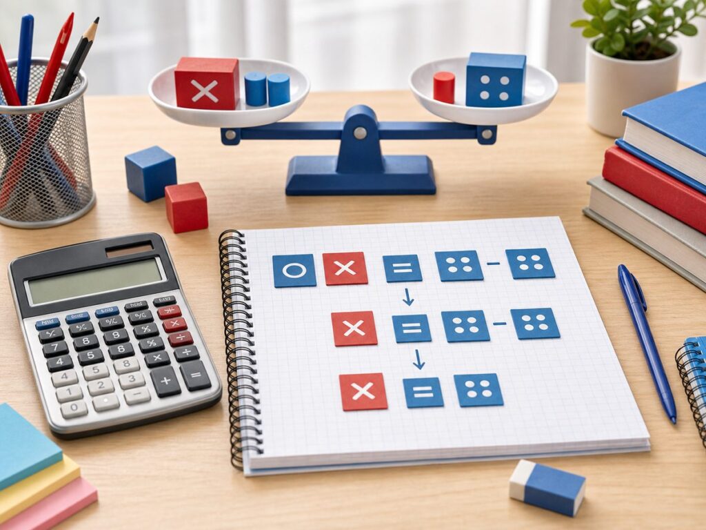 Imagen educativa para calculadora de ecuaciones de primer grado con balanza algebraica, calculadora y material escolar