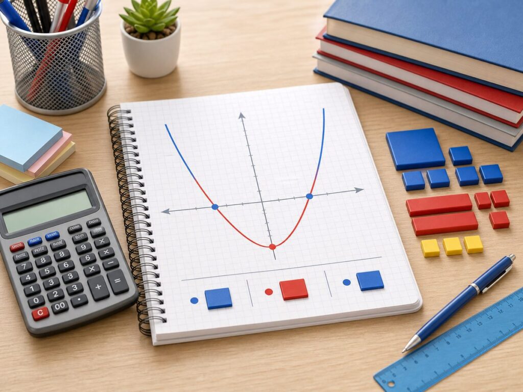 Imagen educativa para calculadora de ecuaciones de segundo grado con par?bola, gr?fica, calculadora y material escolar