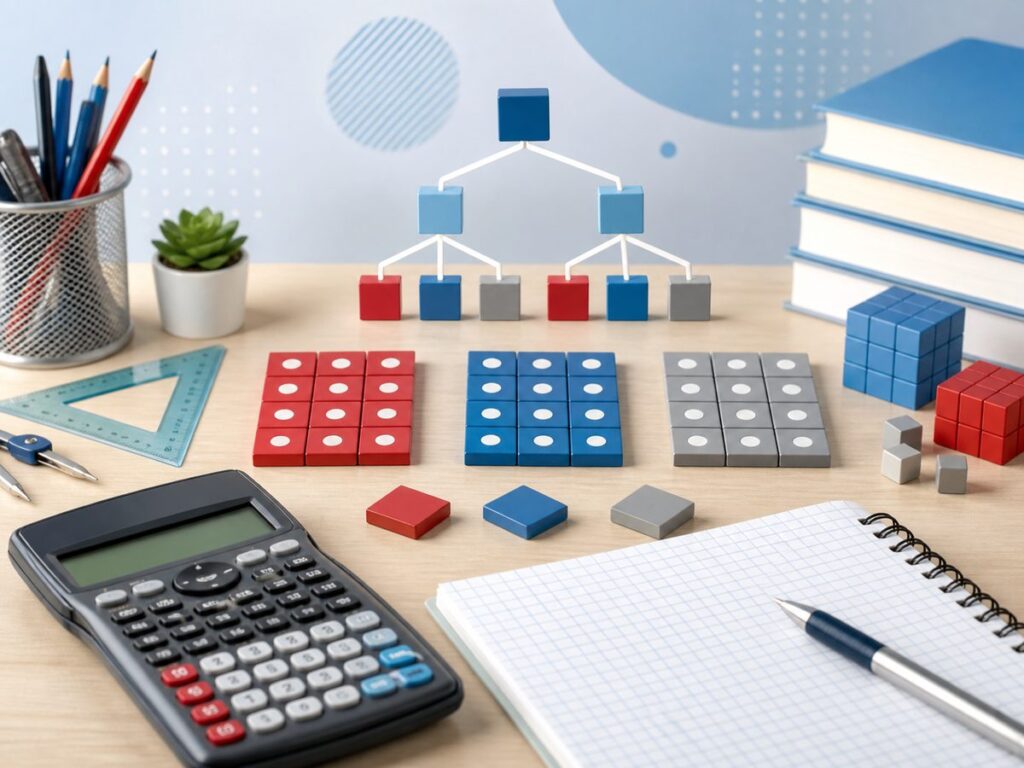 Imagen educativa para calculadora de maximo comun divisor con bloques numericos, divisores y calculadora