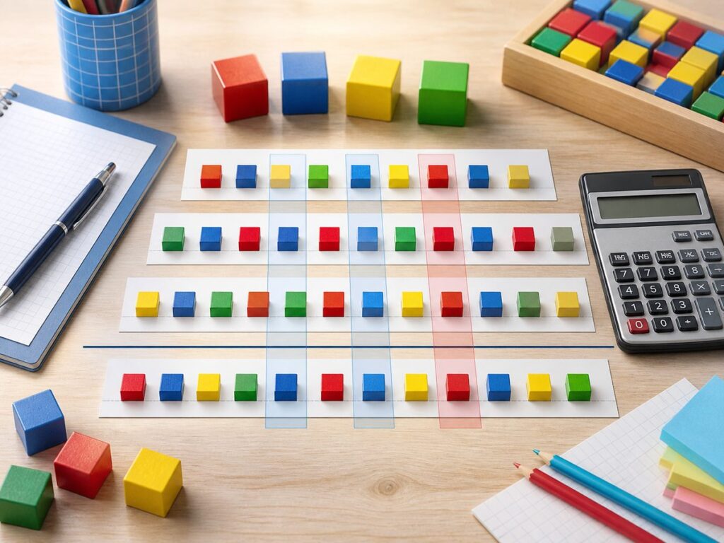 Imagen educativa para calculadora de minimo comun multiplo con secuencias de bloques y calculadora