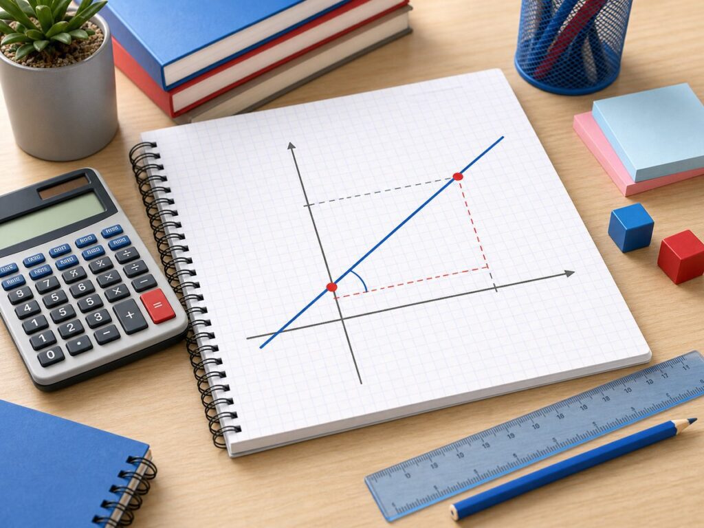 Imagen educativa para calculadora de pendiente de una recta con gr?fica, regla, puntos y calculadora
