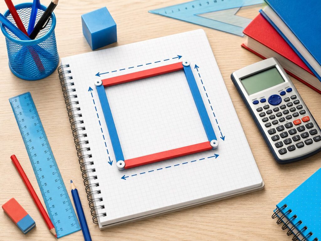 Imagen educativa para calculadora de perímetro del cuadrado con regla, calculadora y figura cuadrada