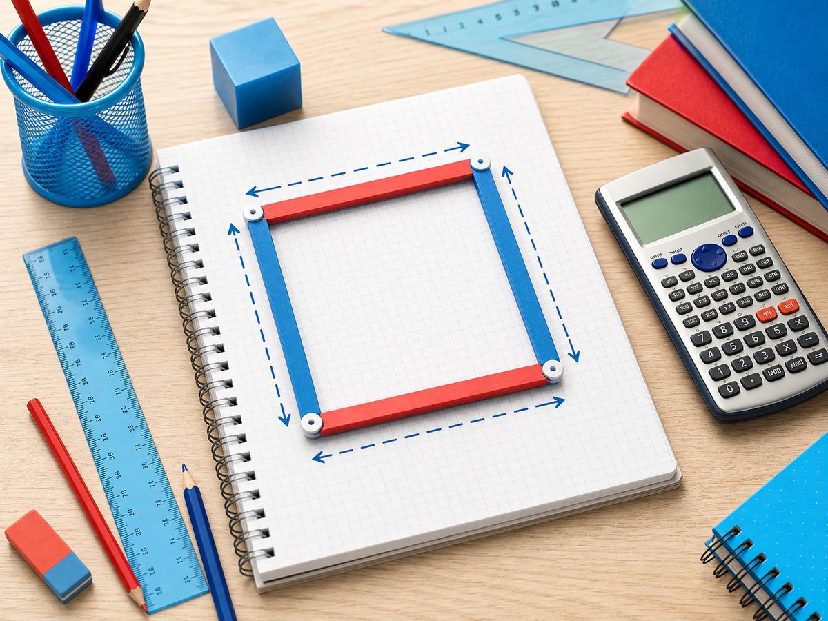 Imagen educativa para calculadora de perímetro del cuadrado con regla, calculadora y figura cuadrada