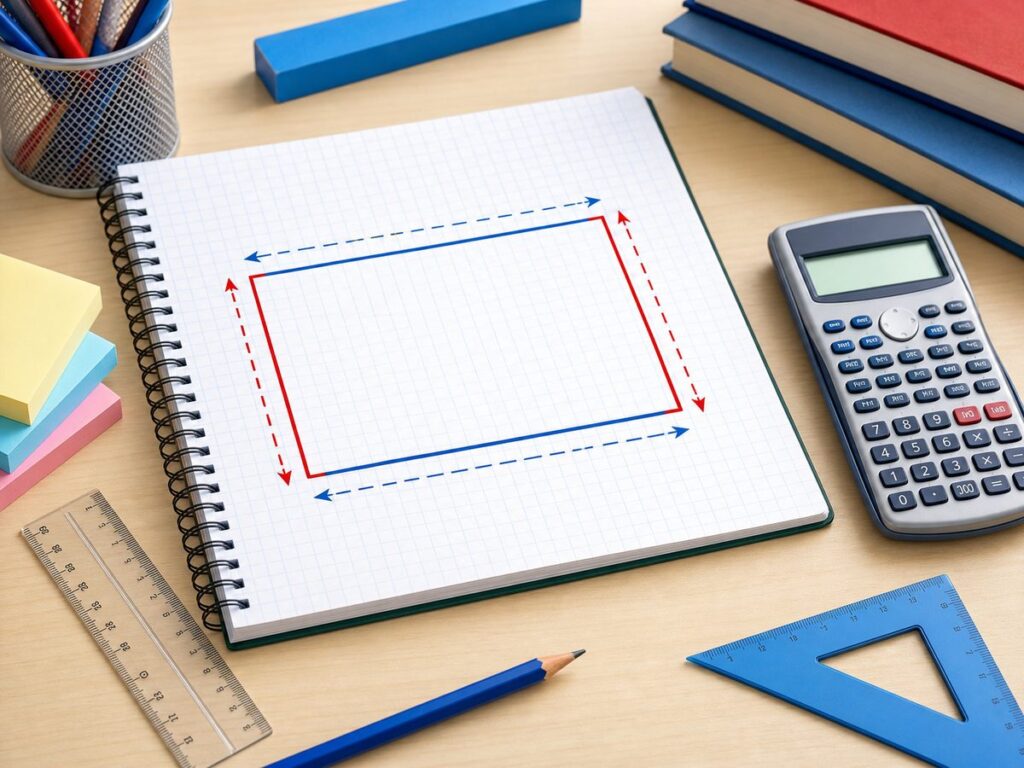 Imagen educativa para calculadora de perímetro del rectángulo con regla, calculadora y figura rectangular