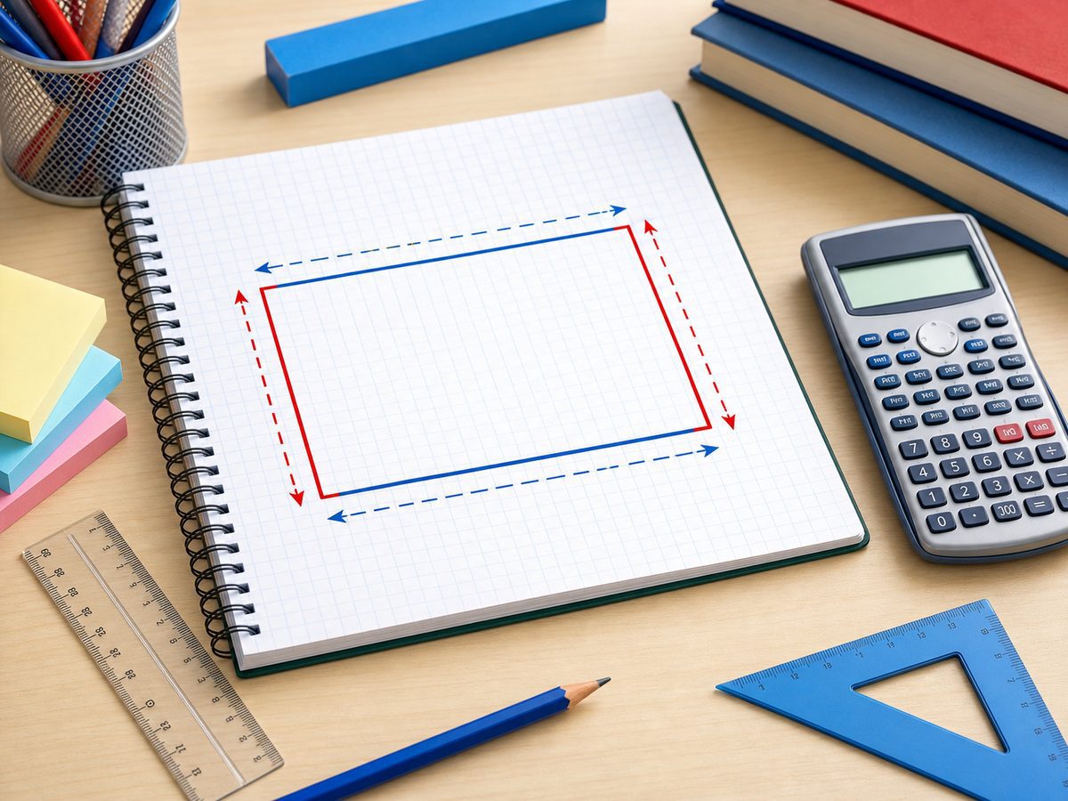 Imagen educativa para calculadora de perímetro del rectángulo con regla, calculadora y figura rectangular