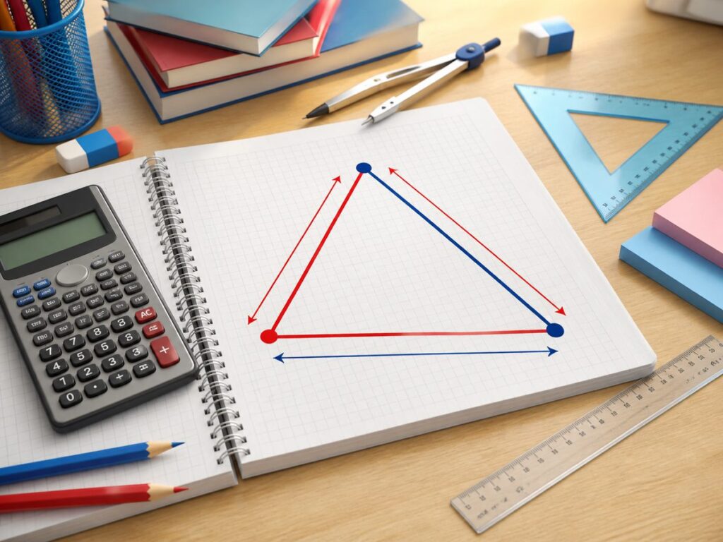 Imagen educativa para calculadora de perímetro del triángulo con regla, calculadora y figura triangular