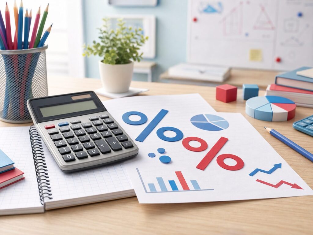 Imagen educativa para calculadora de porcentaje con calculadora, simbolos de porcentaje y material escolar