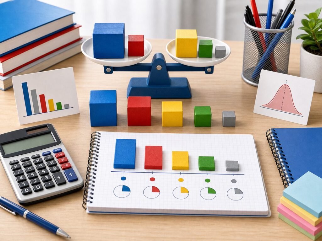 Imagen educativa para calculadora de promedio ponderado con bloques de distinto peso, balanza y calculadora
