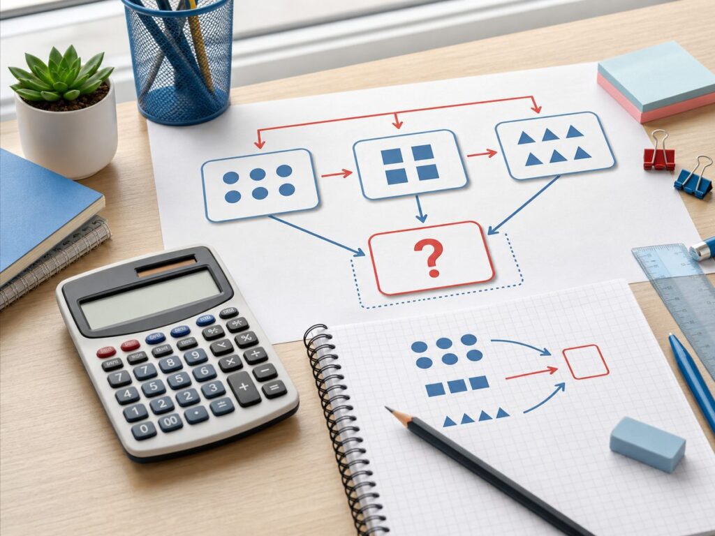Imagen educativa para calculadora de regla de tres simple con relaciones proporcionales y material escolar