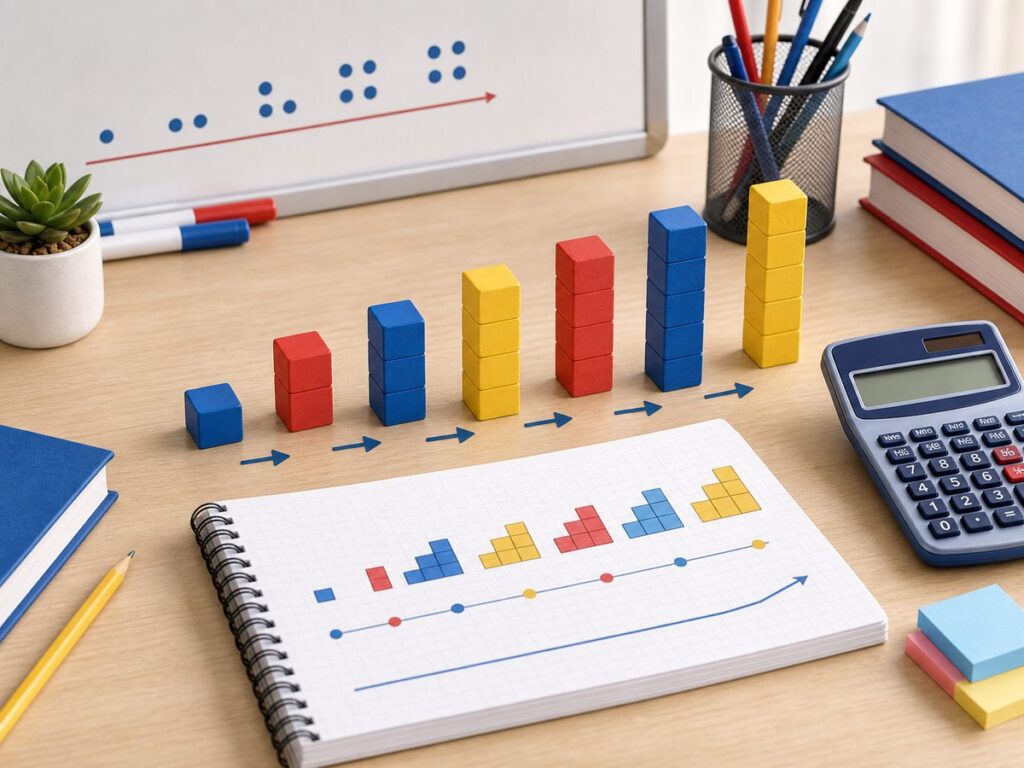 Imagen educativa para calculadora de sucesi?n aritm?tica con bloques en progresi?n, patrones y calculadora