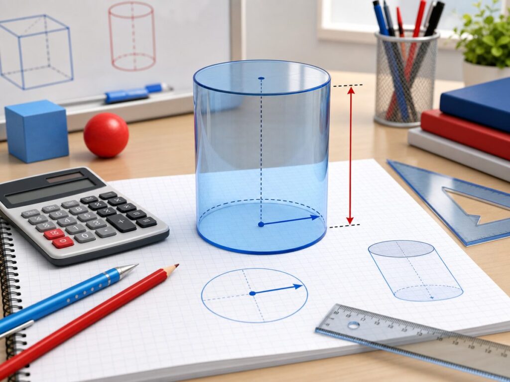 Imagen educativa para calculadora de volumen del cilindro con cilindro, radio, altura y calculadora