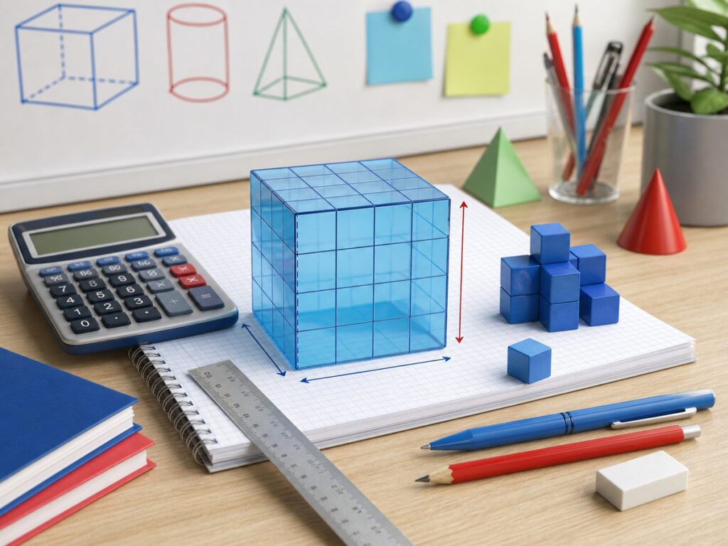 Imagen educativa para calculadora de volumen del cubo con cubo tridimensional, unidades cúbicas y calculadora
