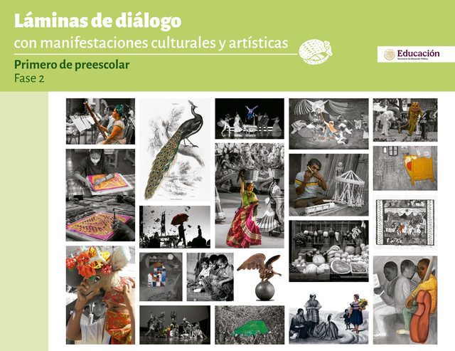 Portada de Láminas de diálogo con manifestaciones culturales y artísticas de primero de preescolar: mosaico de fotografías de artesanías, danzas y personas