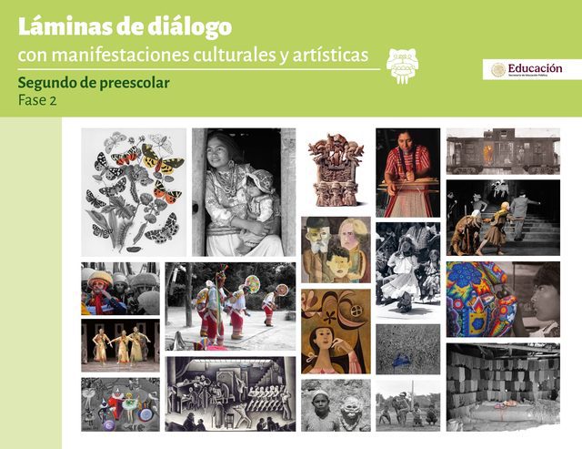 Portada de Láminas de diálogo con manifestaciones culturales y artísticas de segundo de preescolar: mosaico de fotografías de mariposas, artesanías, danzas y personas