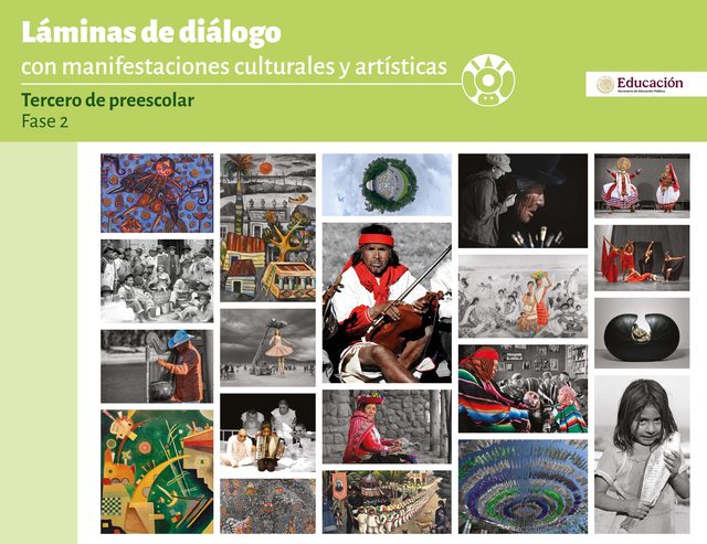 Portada de Láminas de diálogo con manifestaciones culturales y artísticas de tercero de preescolar: mosaico de fotografías de música, danzas y personas