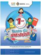 Portada del Texto de aprendizaje de 1er año de Educación Inicial: ilustración de niñas y niños con útiles escolares alrededor del número 1er sobre fondo azul