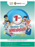 Portada del Texto de aprendizaje de 1ro de Primaria: ilustración de niñas y niños con útiles escolares alrededor del número 1ro sobre fondo verde azulado