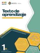 Portada del Texto de aprendizaje de 1ro de Secundaria: título sobre fondo blanco y hexágonos de colores verde sobre un fondo verde azulado oscuro, con el número 1ro
