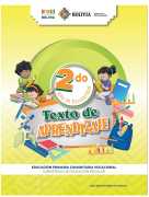 Portada del Texto de aprendizaje de 2do de Primaria: ilustración de niñas y niños con útiles escolares alrededor del número 2do sobre fondo amarillo
