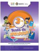 Portada del Texto de aprendizaje de 3ro de Primaria: ilustración de niñas y niños con útiles escolares alrededor del número 3ro sobre fondo violeta