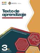 Portada del Texto de aprendizaje de 3ro de Secundaria: título sobre fondo blanco y hexágonos de colores naranja y rojo sobre un fondo verde azulado oscuro, con el número 3ro