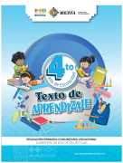 Portada del Texto de aprendizaje de 4to de Primaria: ilustración de niñas y niños con útiles escolares alrededor del número 4to sobre fondo celeste