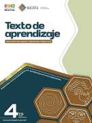 Portada del Texto de aprendizaje de 4to de Secundaria: título sobre fondo blanco y hexágonos de colores marrón y verde claro sobre un fondo verde azulado oscuro, con el número 4to