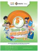 Portada del Texto de aprendizaje de 5to de Primaria: ilustración de niñas y niños con útiles escolares alrededor del número 5to sobre fondo verde